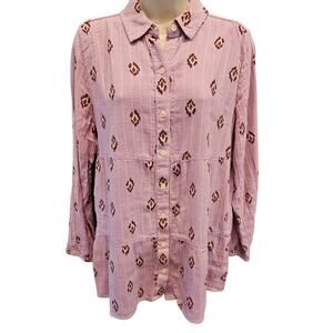 Macy's aztec print tunic shirt babydoll lightweight pink long sleeve button up S
